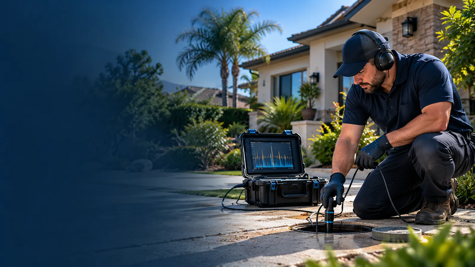 Leak detection technician using acoustic listening equipment at a water meter box outside a Whittier home