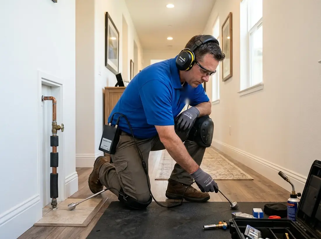 Leak detection technician working in a East Whittier property in Whittier, CA
